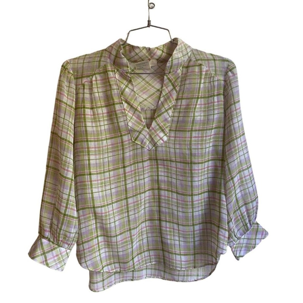 Vintage Semi Sheer Pastel Plaid Print 3/4 Sleeve Top
